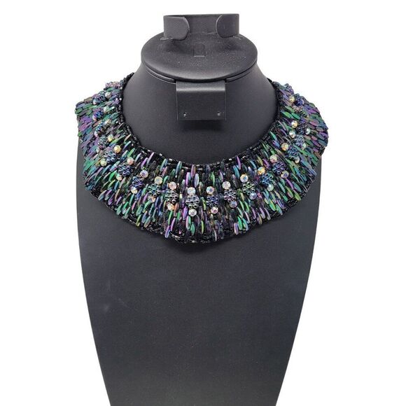 Vintage Handcrafted AB Oil Slick‎ Beaded Statement Bib Collar Necklace Cleopatra - Picture 11 of 11